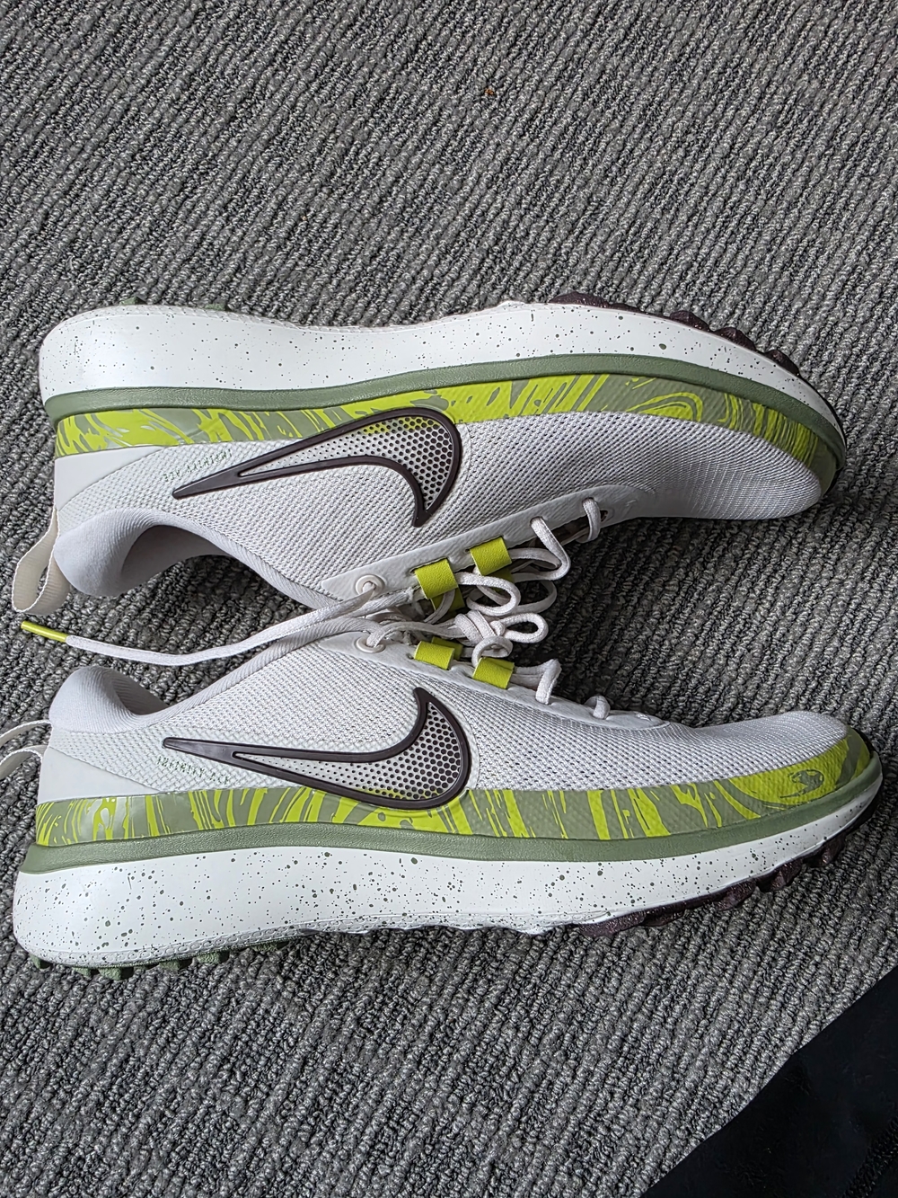 Nike White and Volt Women's Athletic Running Shoes with Gray Swoosh